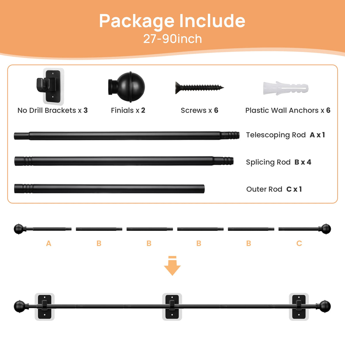upsimples No Drill Curtain Rod, 48-84", Black