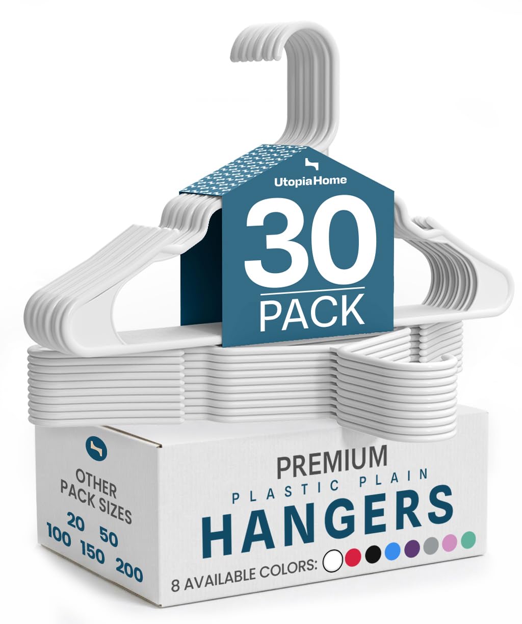 Utopia Home Plastic Hangers with Shoulder Grooves, 30-Pack, White
