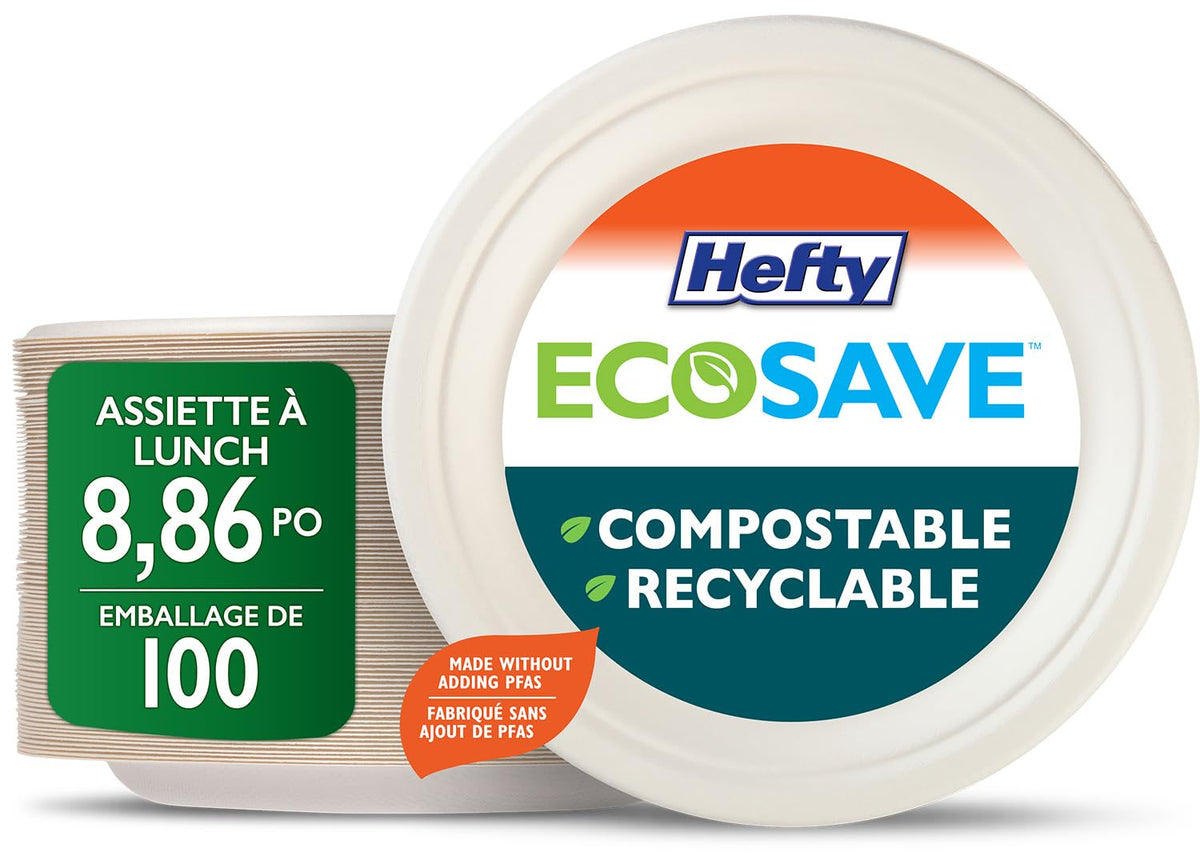 Hefty ECOSAVE Compostable Paper Plates, 8.86 Inch, 100 Count
