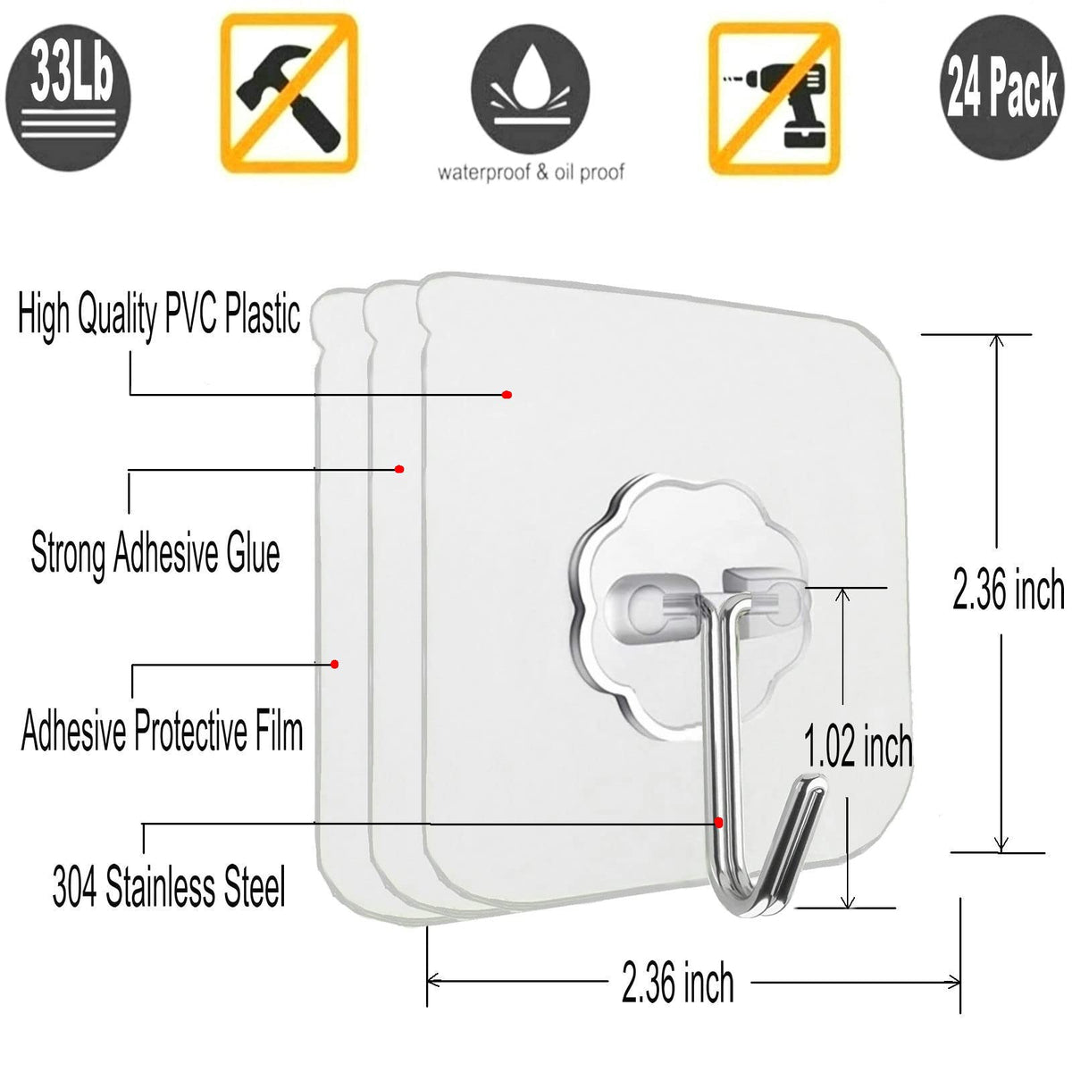 Jwxstore Clear Self-Adhesive Wall Hooks, 24-Pack