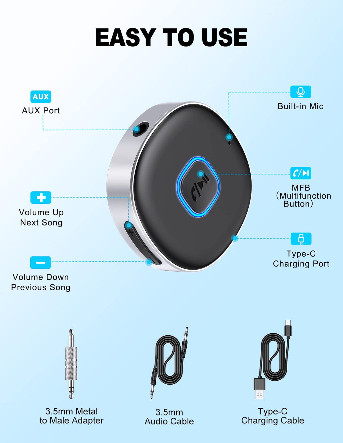WOCBUY Bluetooth Adapter for Car, 3.5 mm AUX, Bluetooth 5.0