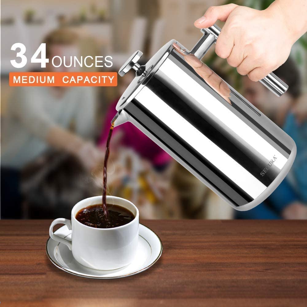 Secura French Press Coffee Maker, 34 oz (1 L), Stainless Steel, Silver