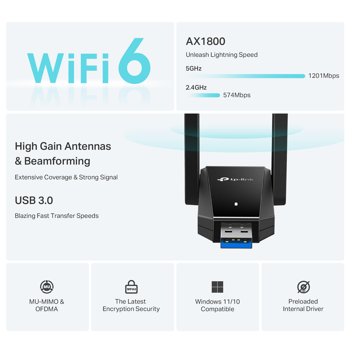 TP-Link AX1800 WiFi 6 USB Adapter, Archer TX30U Plus