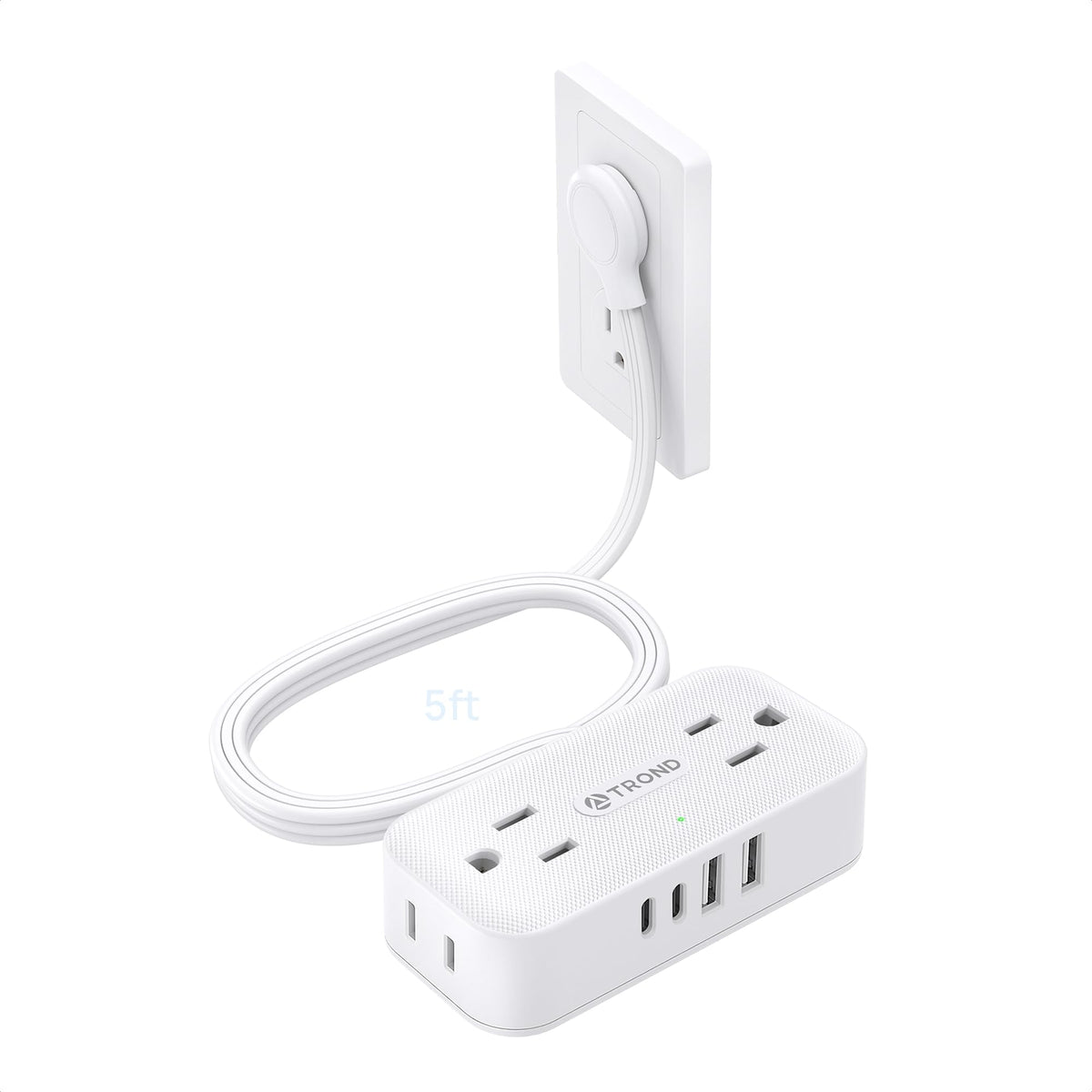TROND Flat Plug Surge Protector Power Bar with 4 USB, 5 ft, White