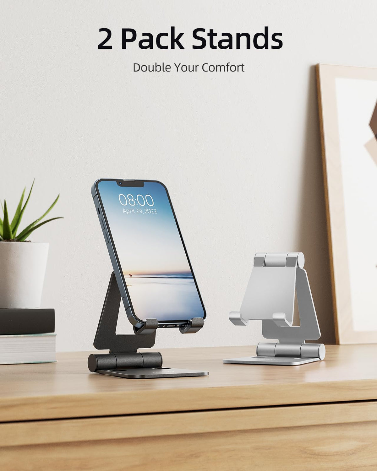 Nulaxy Dual Foldable Phone Stand for Desk, 2 Pack, Black and Silver