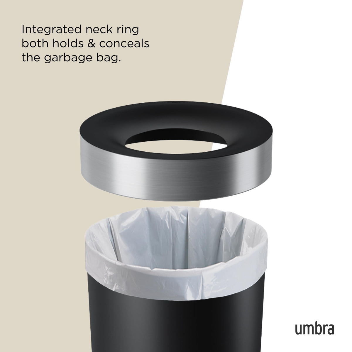 Umbra Vento Open Top Kitchen Trash Can, Black/Nickel, 62 L
