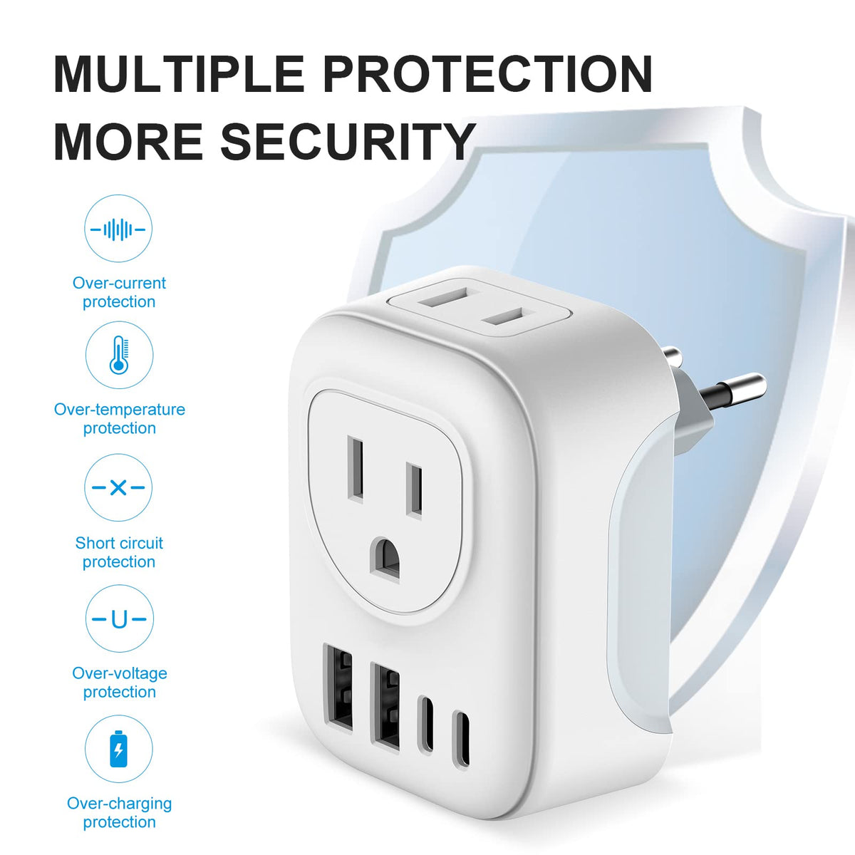 Vylee International Travel Plug Adapter, 4 AC Outlets, 2 USB-C Ports