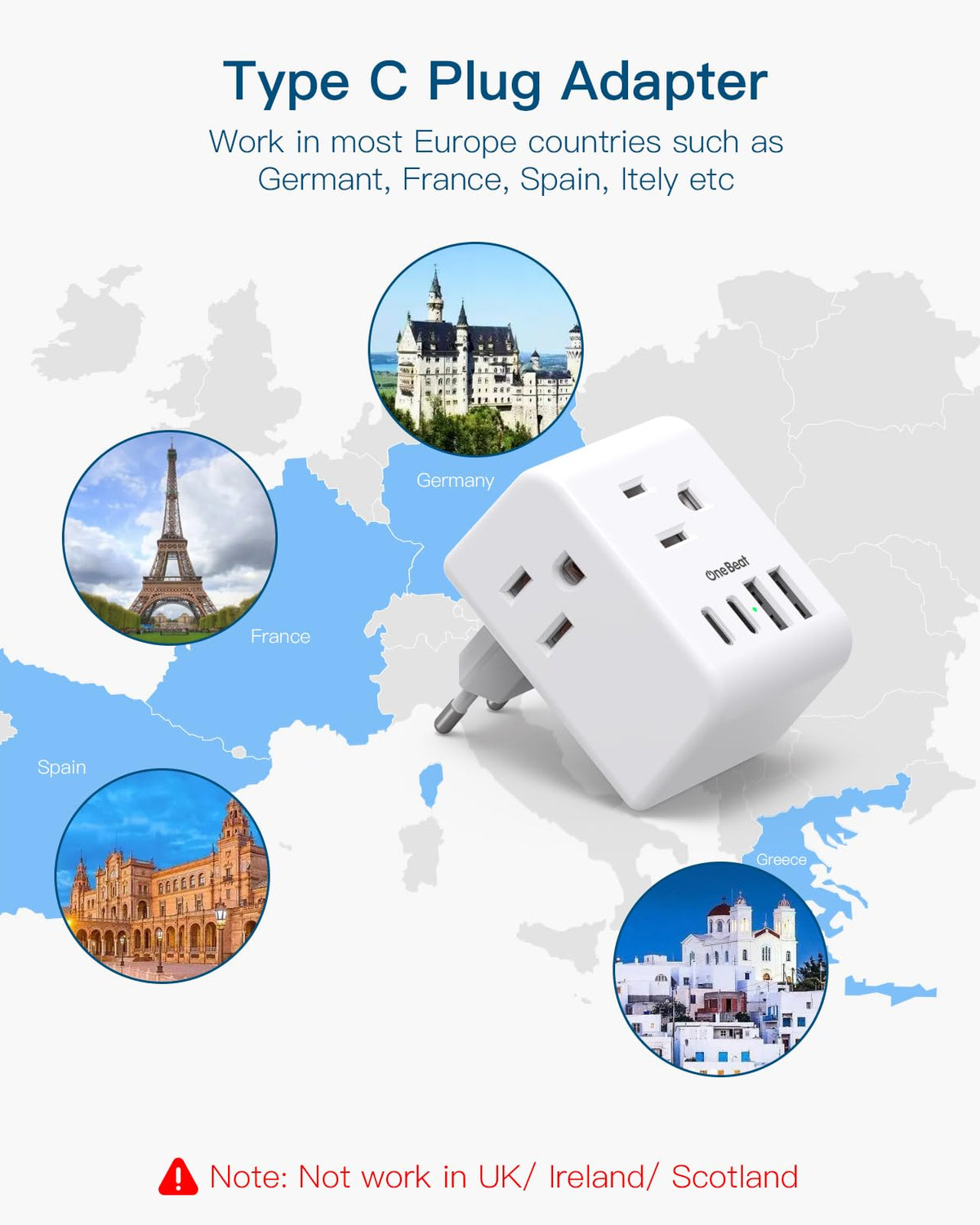 European Travel Plug Adapter, 3 Outlets, 4 USB Ports (2 USB C), 2 Pack