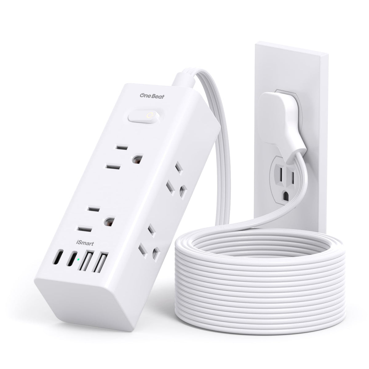 One Beat 10 ft Flat Plug Surge Protector Power Bar with USB, White