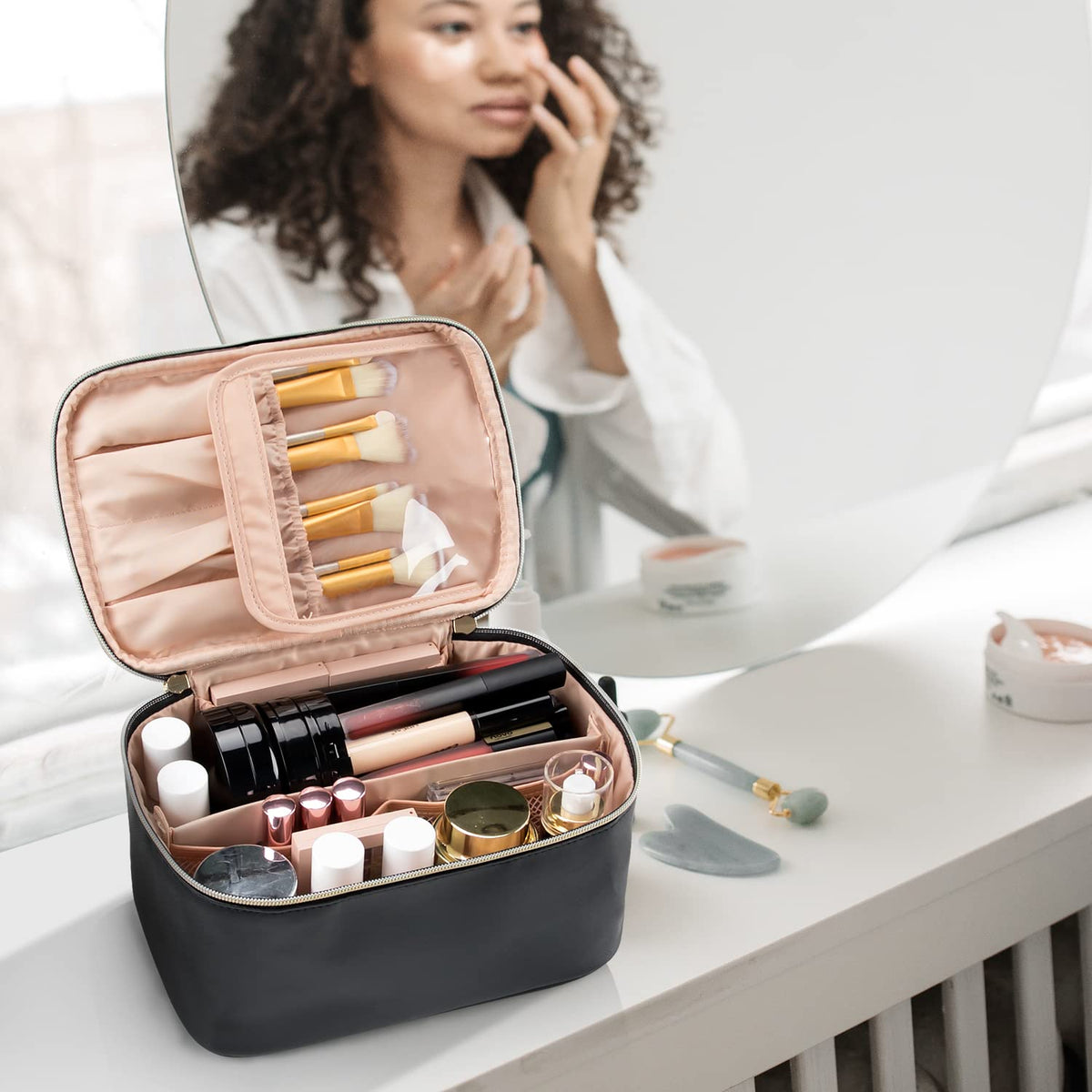 Large Capacity Travel Makeup Bag with Handle and Divider, Black