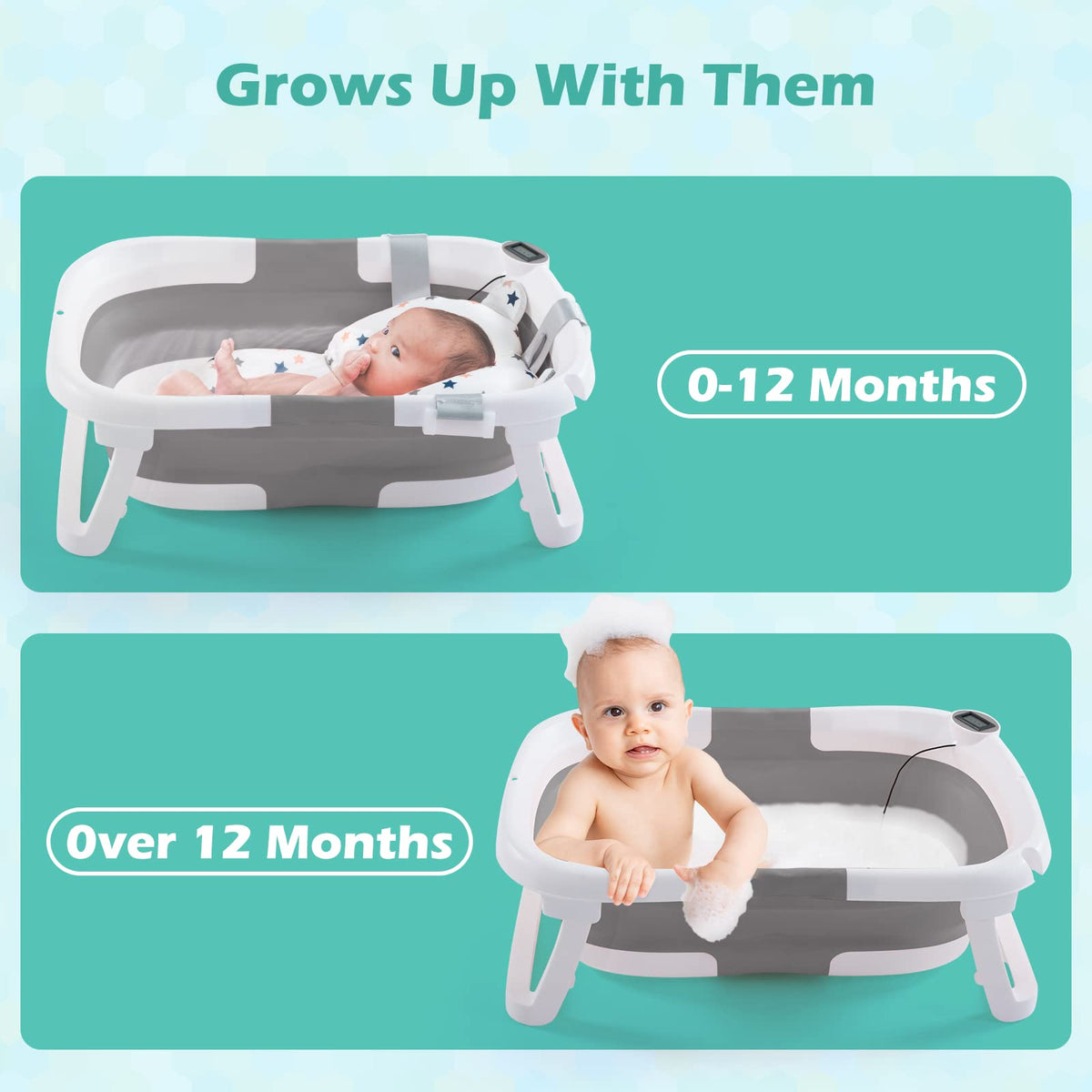 4-in-1 Newborn to Toddler Baby Bathtub with Temperature Sensor, Grey