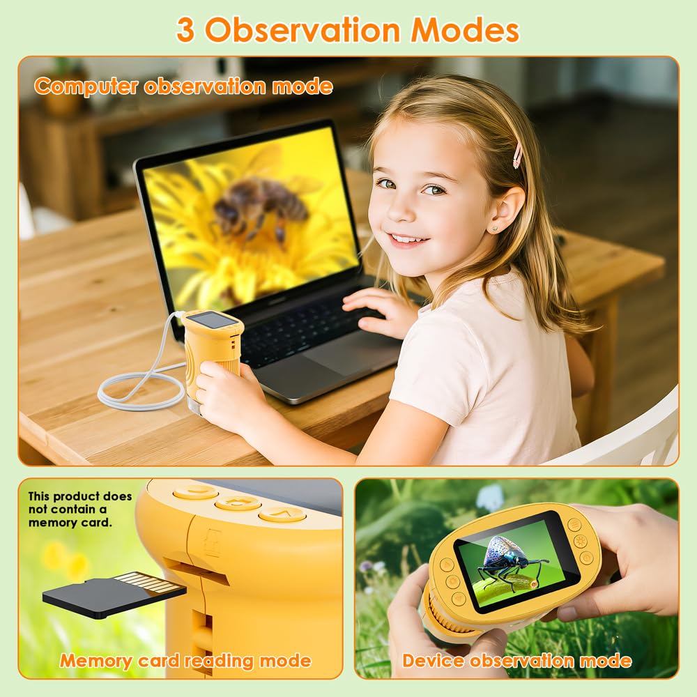Temodu Kids' 1000X Digital Microscope, 2" Screen, Yellow