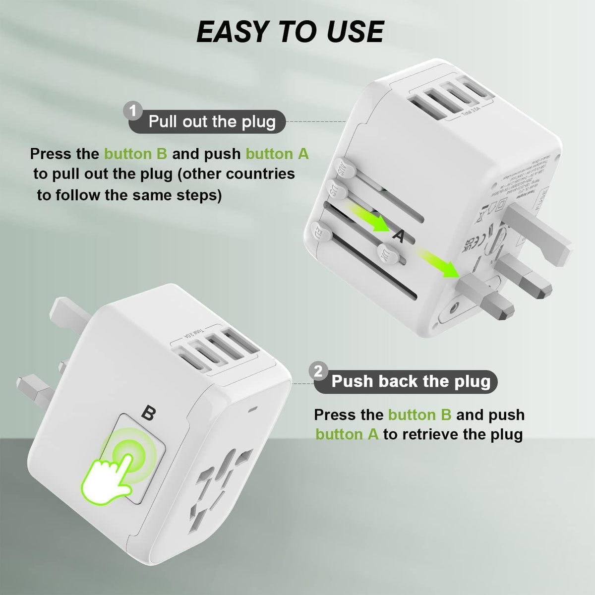 VYLEE 5-in-1 International Travel Plug Adapter, White