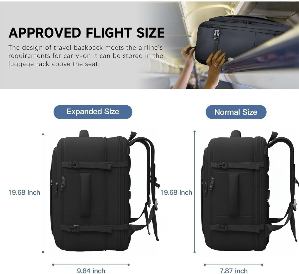 Carry On Travel Backpack, 50L, Expandable to 40L, Black