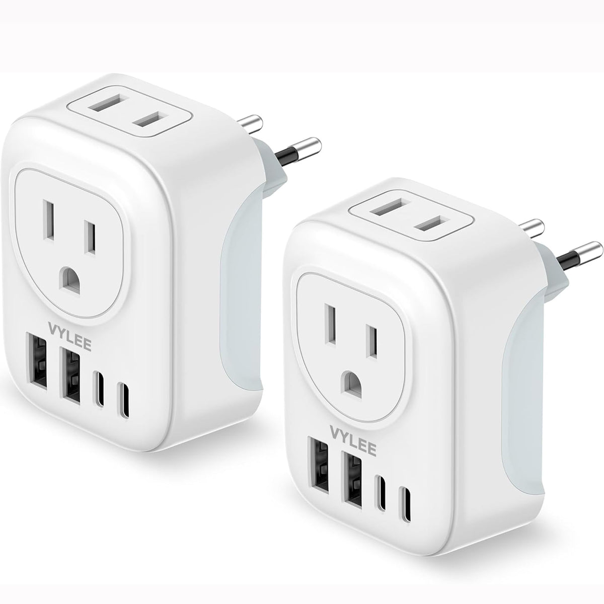 Vylee European Travel Plug Adapter, 2 Pack, 2 Outlets, 4 USB Ports