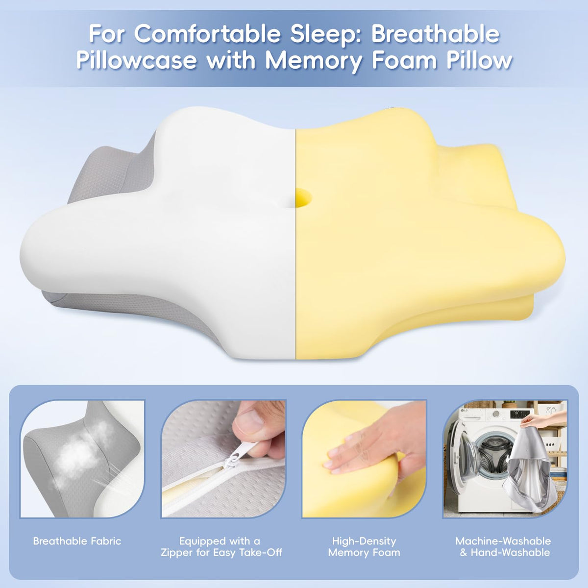 Missleep Contour Memory Foam Cervical Pillow, 2 Heights, White