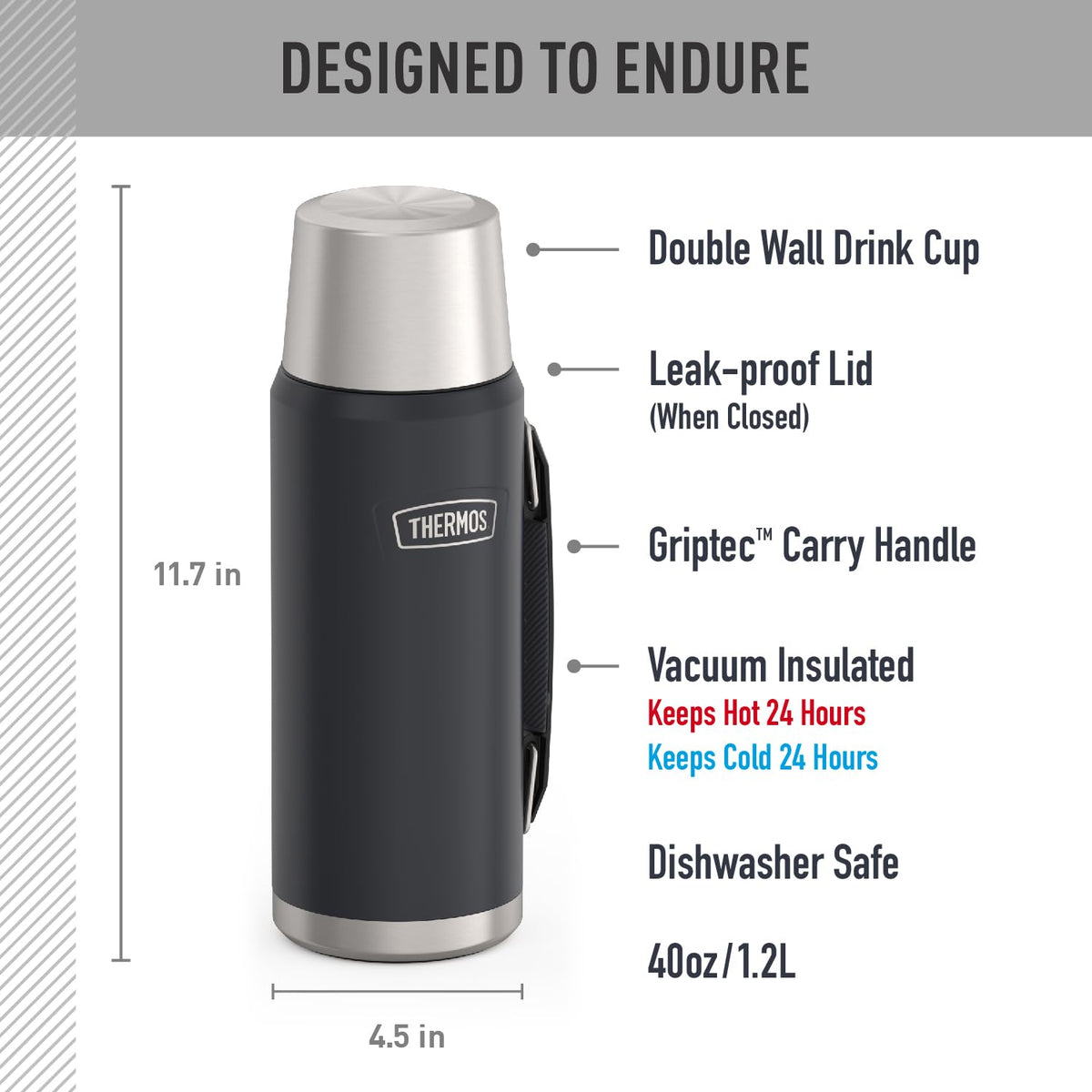 Thermos Icon Series Stainless Steel Beverage Bottle, Granite, 1.2 L