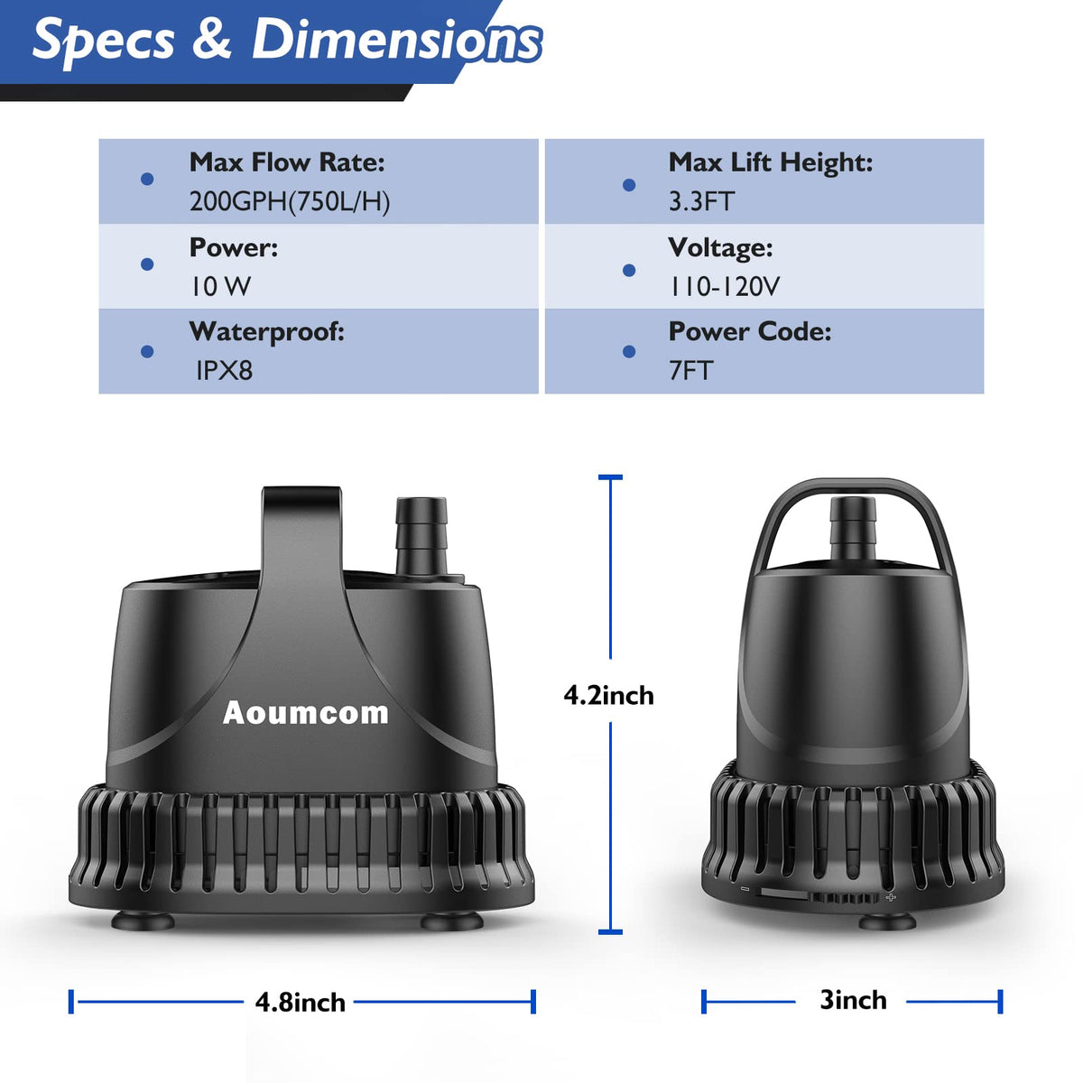 Aoumcom 200 GPH Submersible Water Pump, 10W