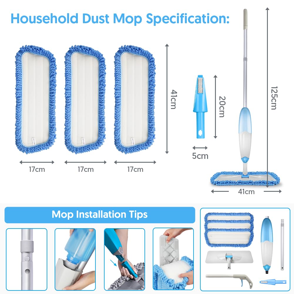 Tina&Tony Microfiber Spray Mop with 3 Reusable Refills, Blue