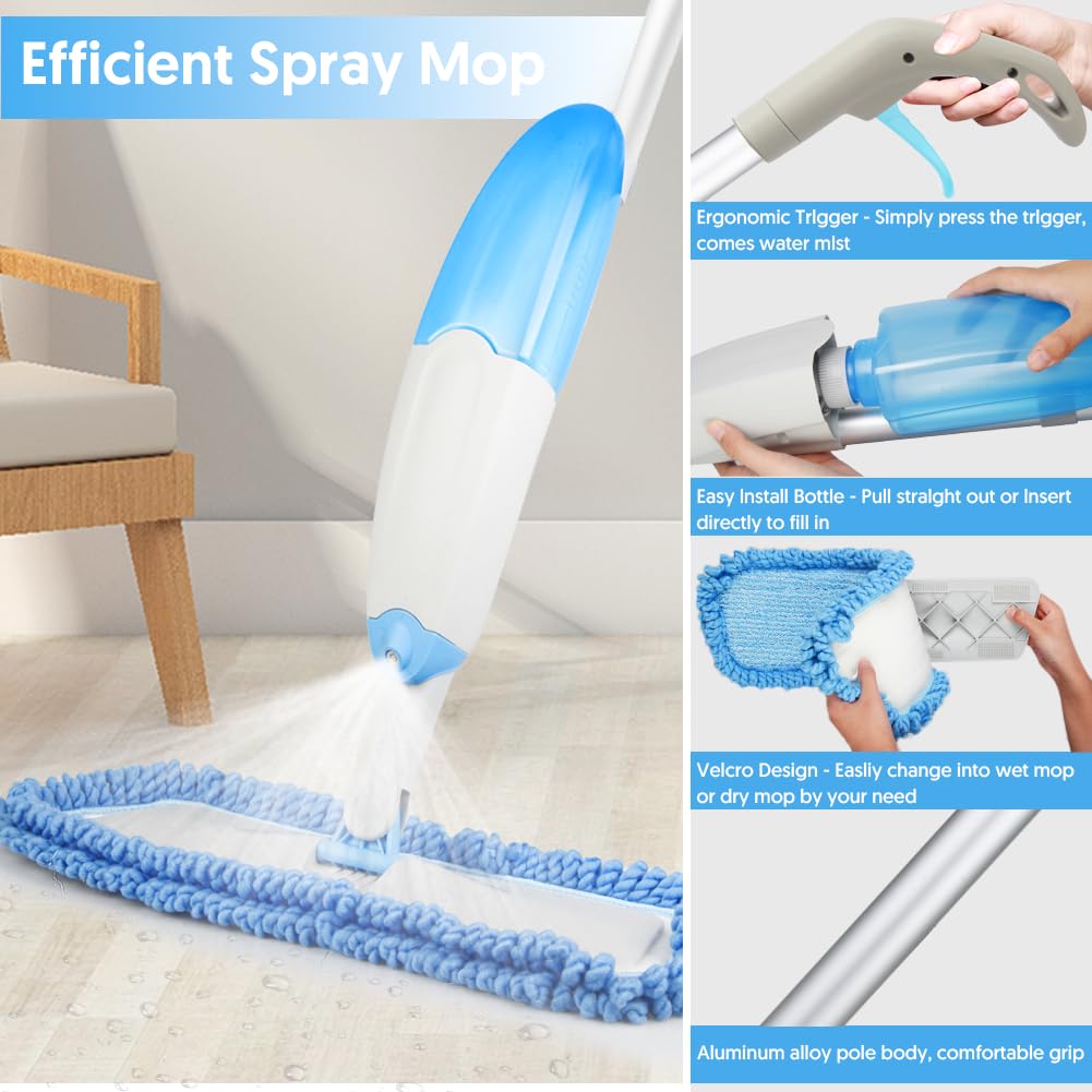 Tina&Tony Microfiber Spray Mop with 3 Reusable Refills, Blue