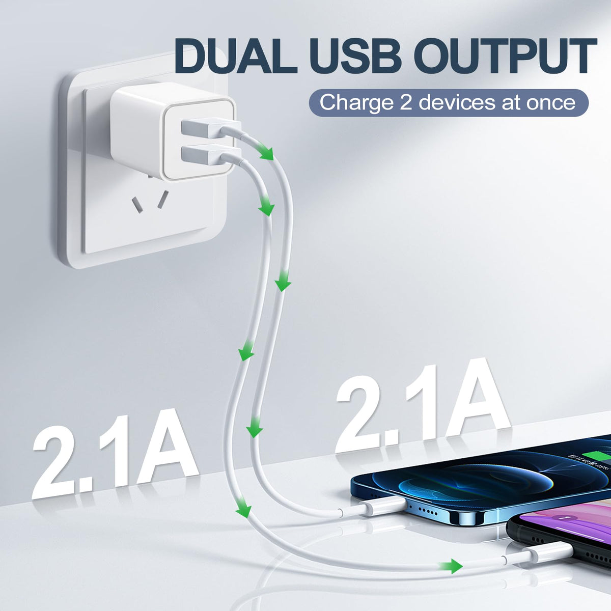 Dual Port USB Wall Charger Block, 2.1A, 2 Pack