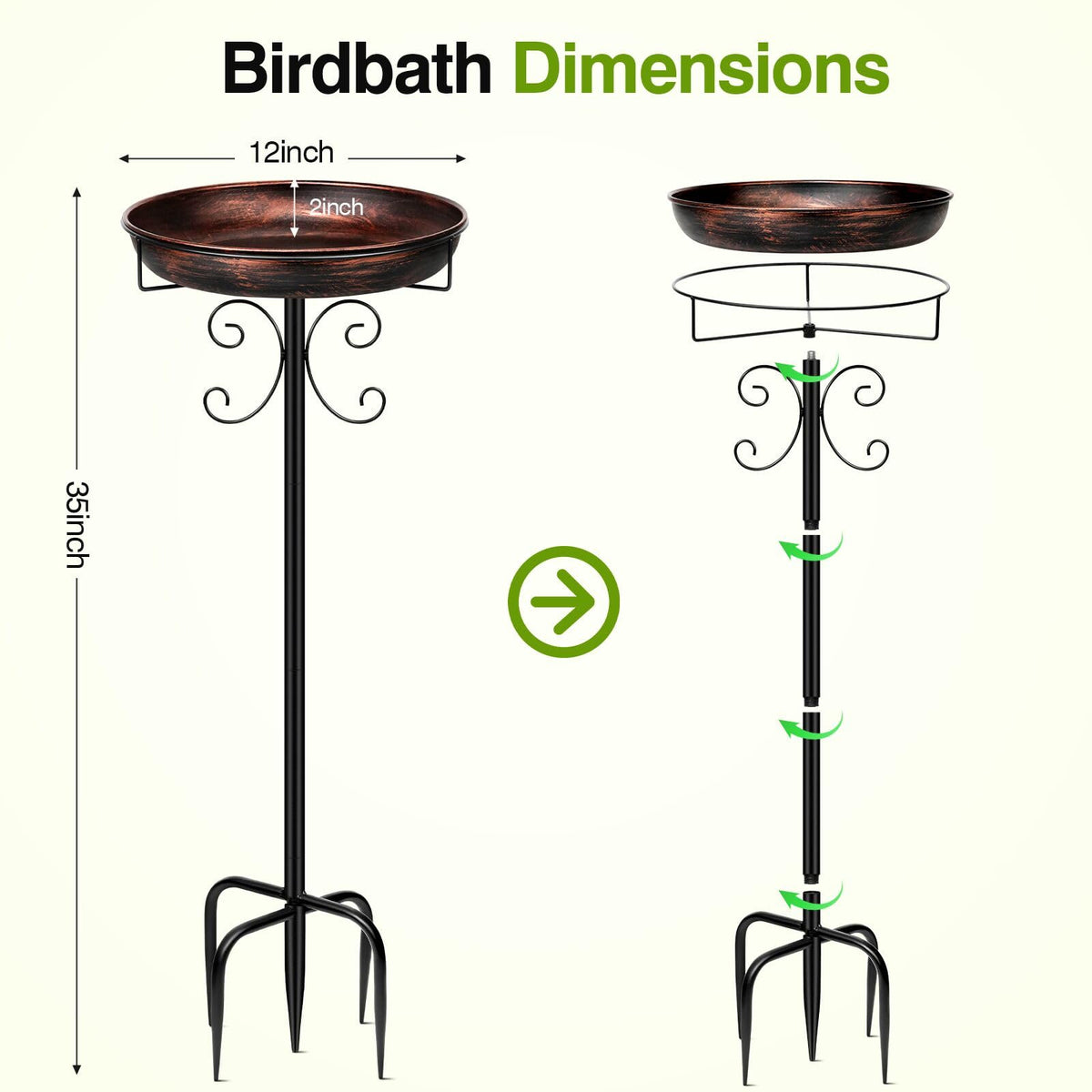 Daoeny Vintage Freestanding Bird Bath & Feeder, 35", Antique Bronze