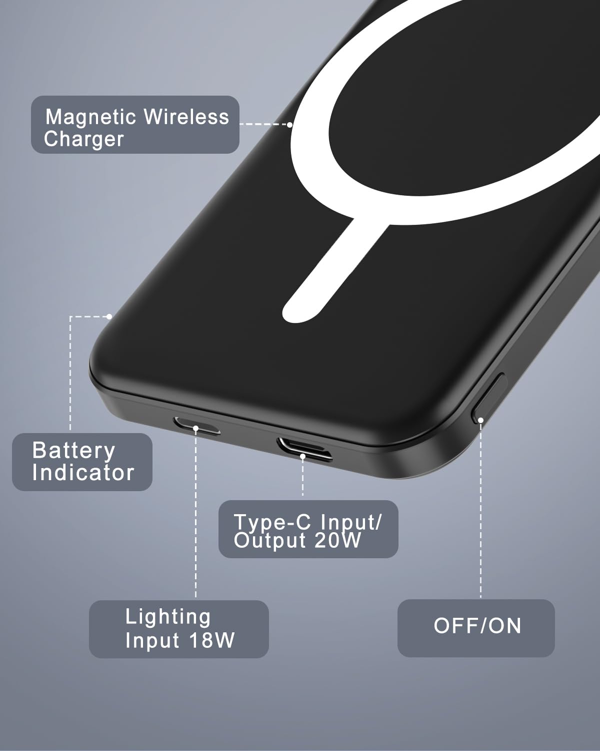 Podoru Magnetic Power Bank, 5000mAh 20W, Black