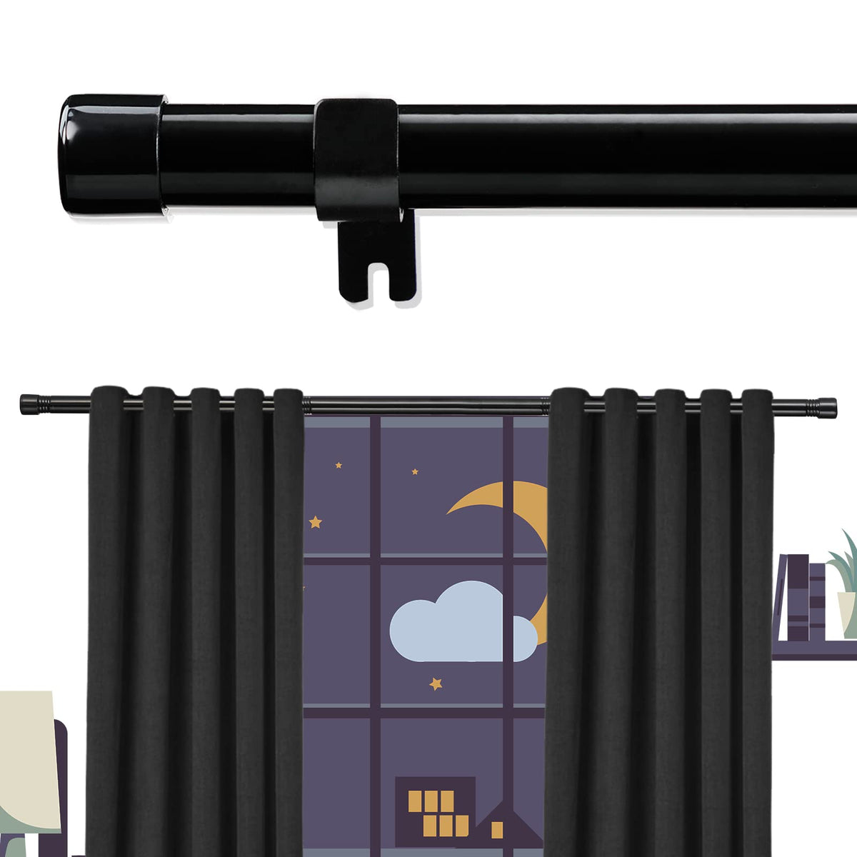 Extra Long Heavy Duty Curtain Rods, 28 to 144 inch, Black