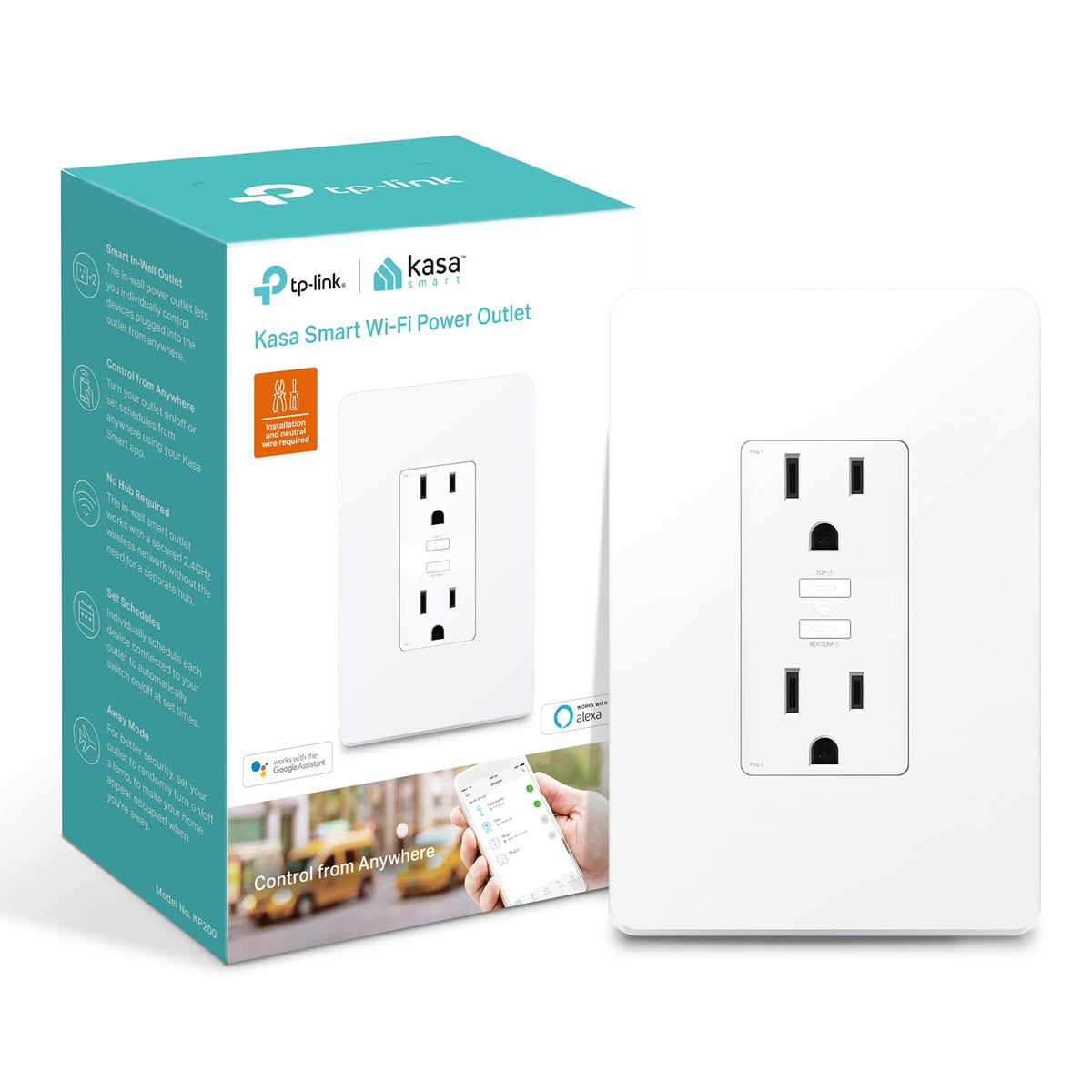 Kasa Smart In-Wall WiFi Outlet by TP-Link, KP200, White