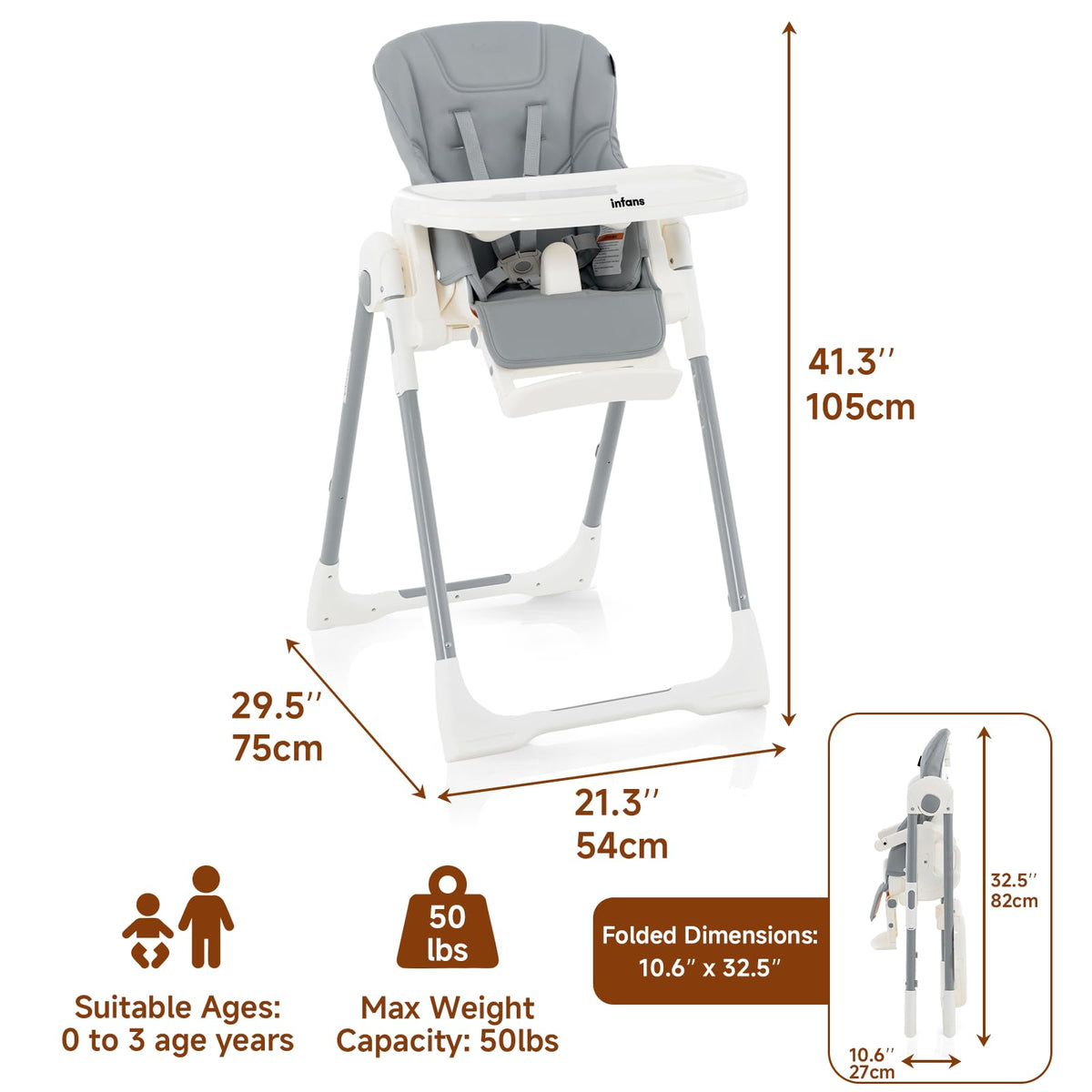 Infans Foldable High Chair for Babies and Toddlers, Grey