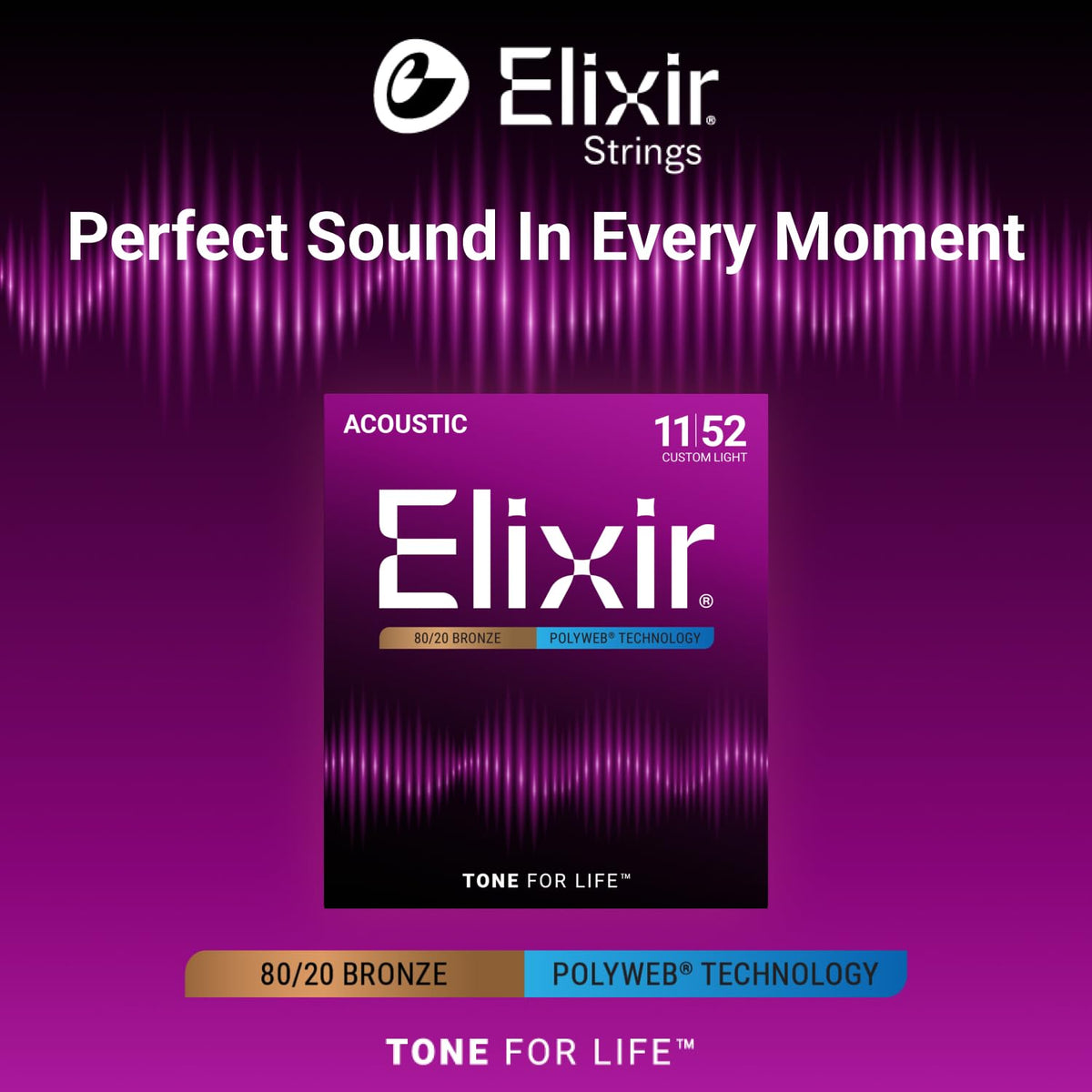 Elixir 80/20 Bronze Acoustic Guitar Strings, Polyweb, Light 11-52