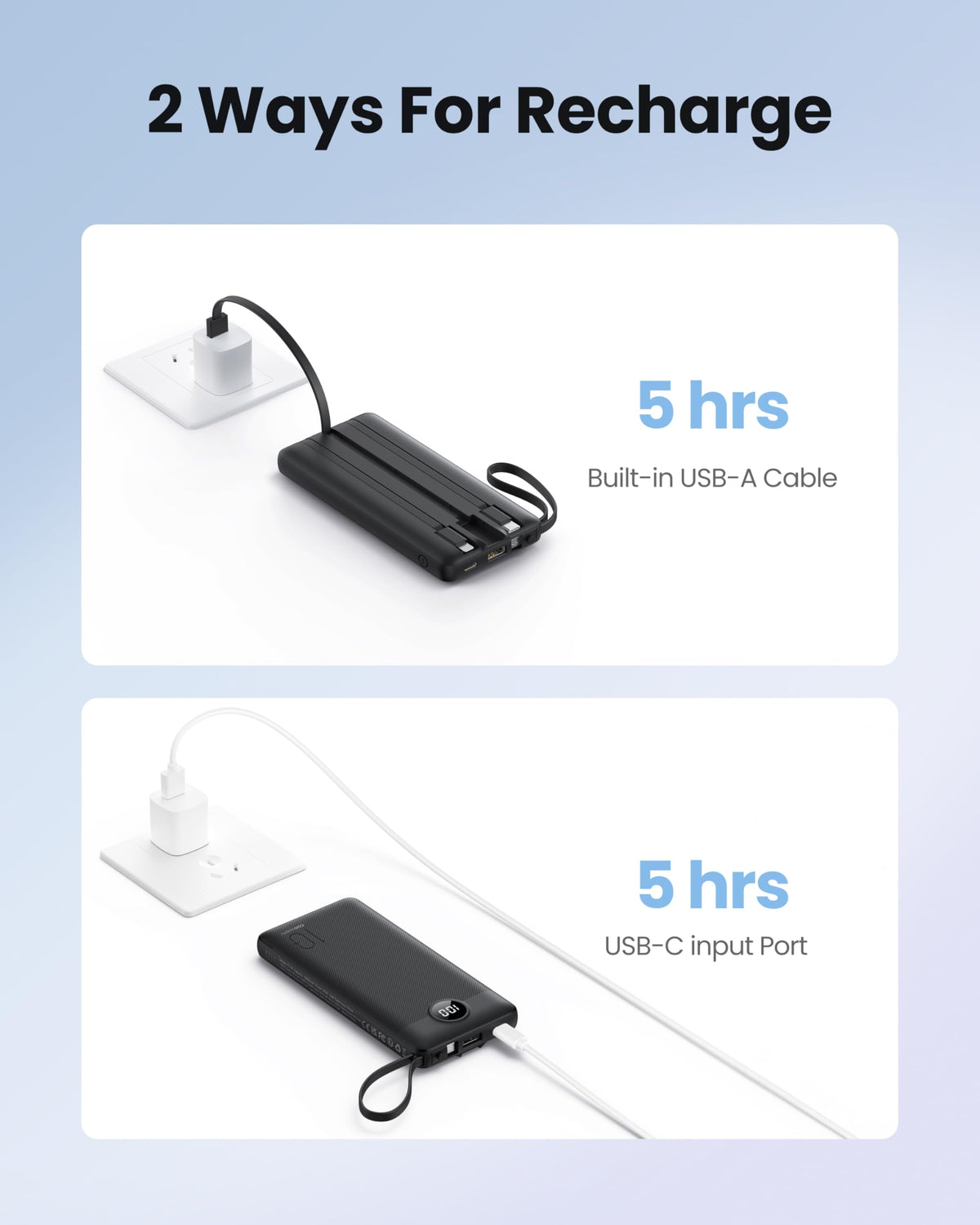 Coowisty Slim Power Bank, 10000mAh, Built in 4 Cables