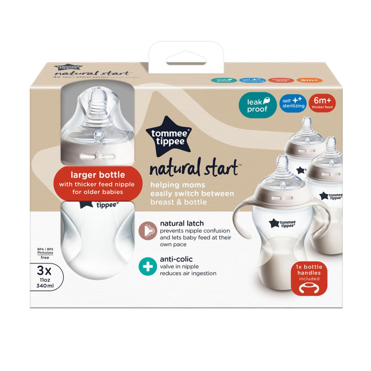 Tommee Tippee Natural Start Baby Bottle, Thicker Feed, 6m+, 340 ml