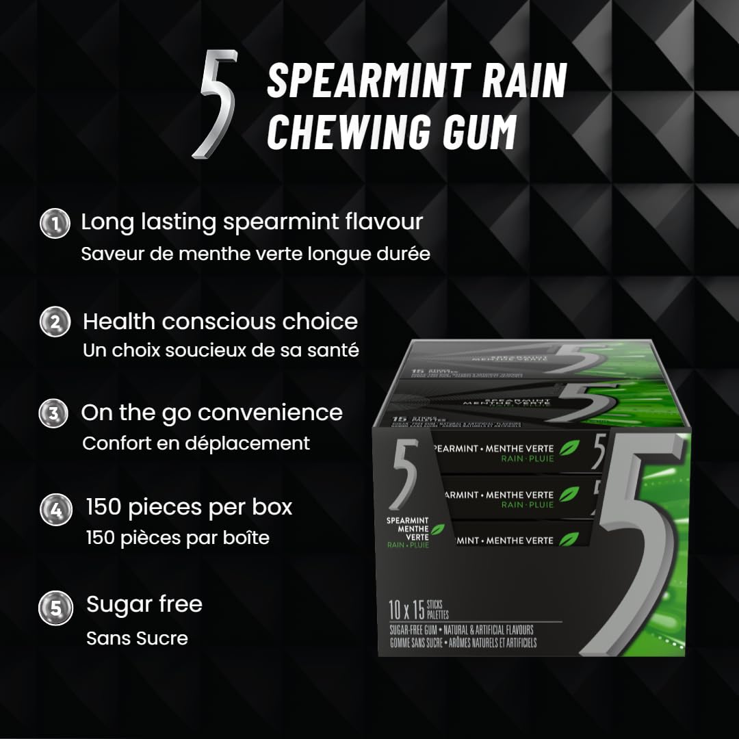 5 Gum Spearmint-Rain Sugar Free Chewing Gum, 15 Sticks, 10 Packs