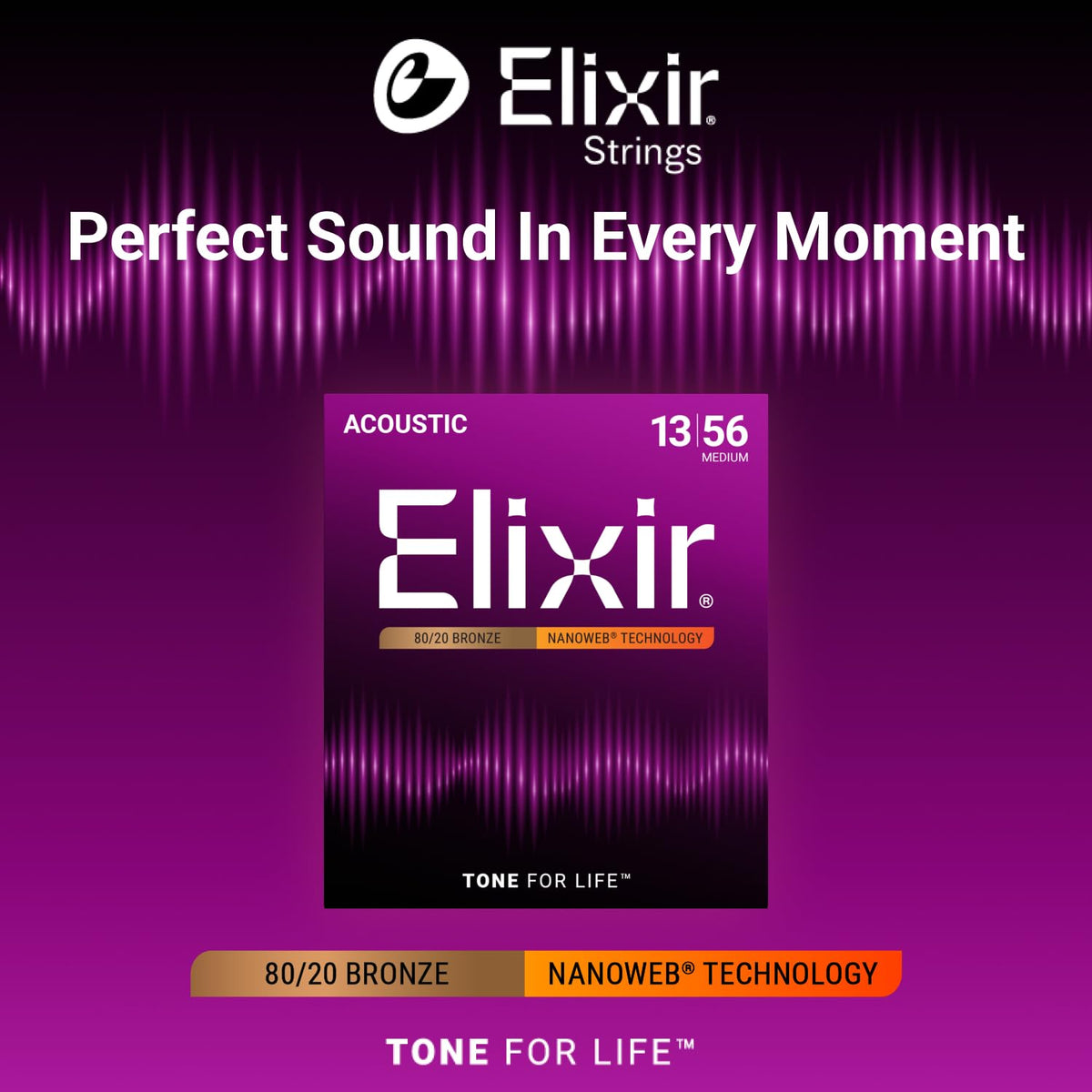Elixir 80/20 Bronze Nanoweb Acoustic Guitar Strings, Medium 13-56
