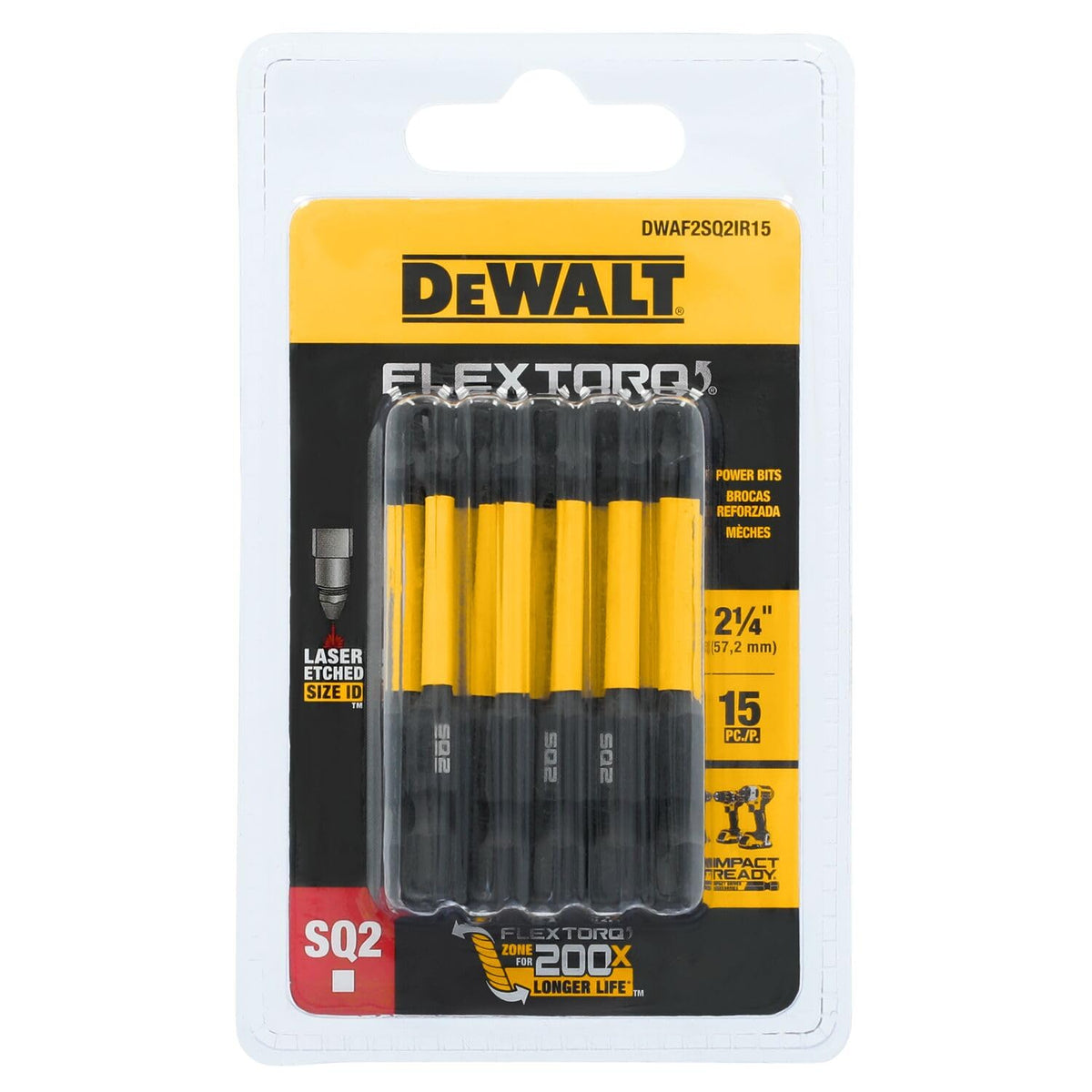 DEWALT Flextorq SQ2 Impact Screw Bits, 2 Inch, 15-Pack (DWAF2SQ2IR15)