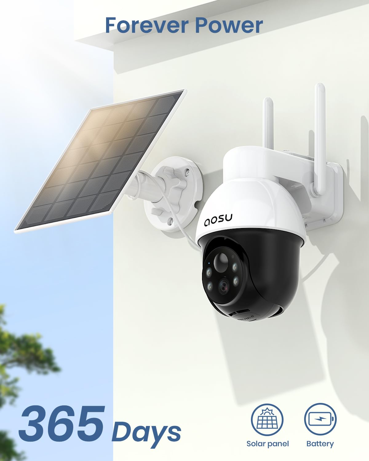 AOSU Solar Security Camera with Panoramic PTZ, 2K