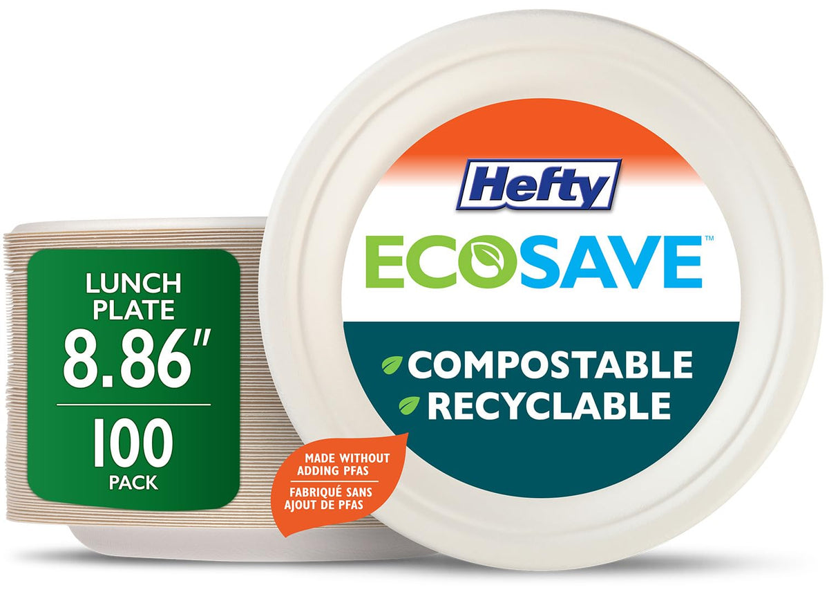 Hefty ECOSAVE Compostable Paper Plates, 8.86 Inch, 100 Count