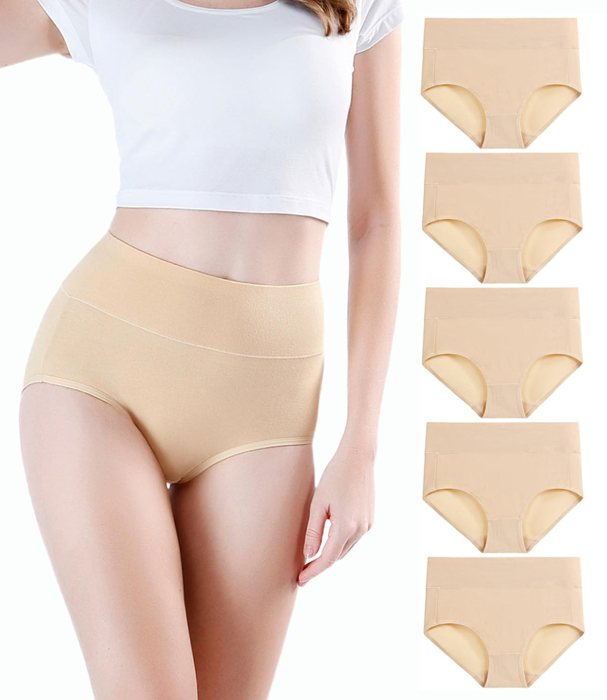 Wirarpa Women's High Waisted Cotton Briefs, 5 Pack, Beige, Large