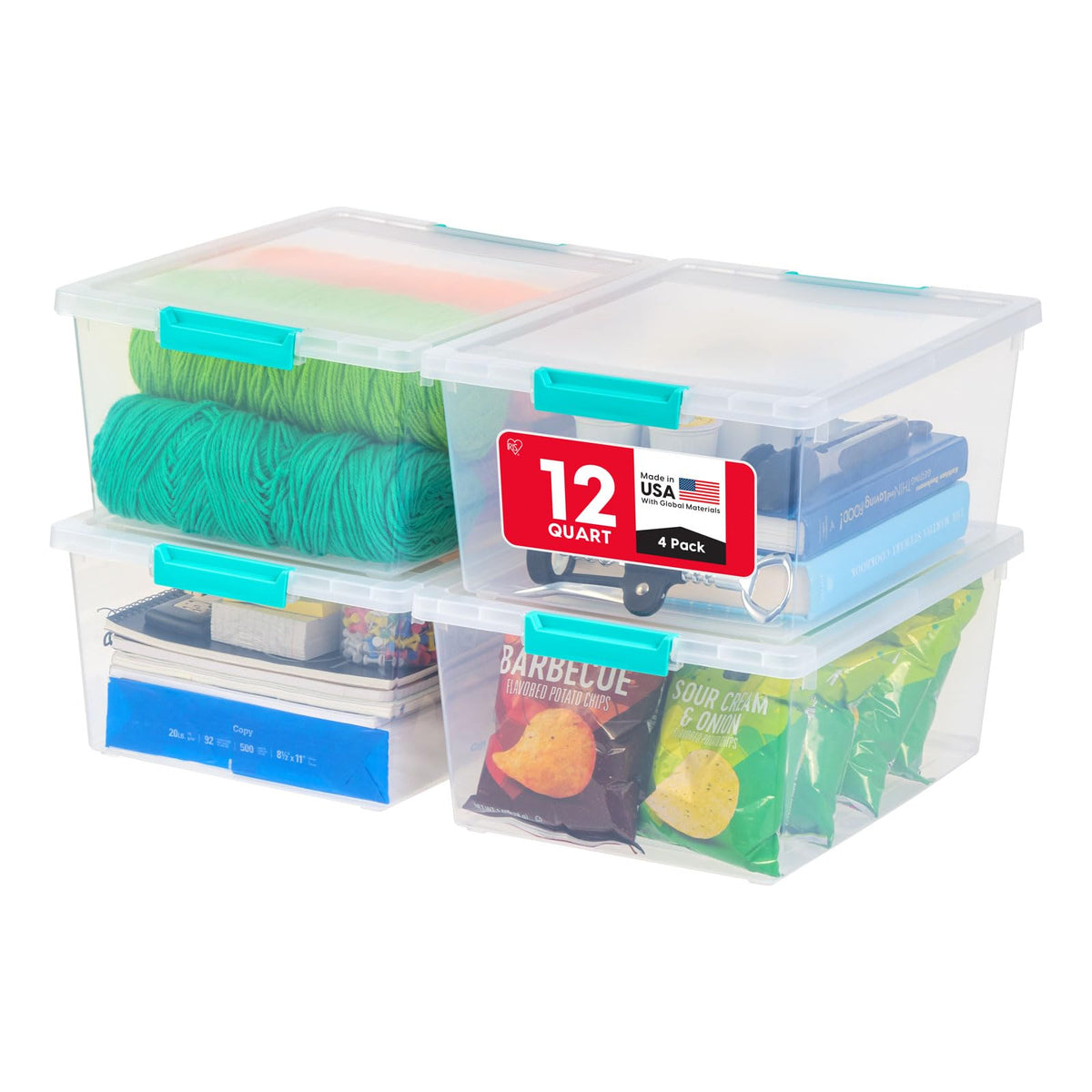IRIS USA 11.4 L (12 US Qt) Deep Clip Box, 4 Pack, Seafoam Blue Buckles