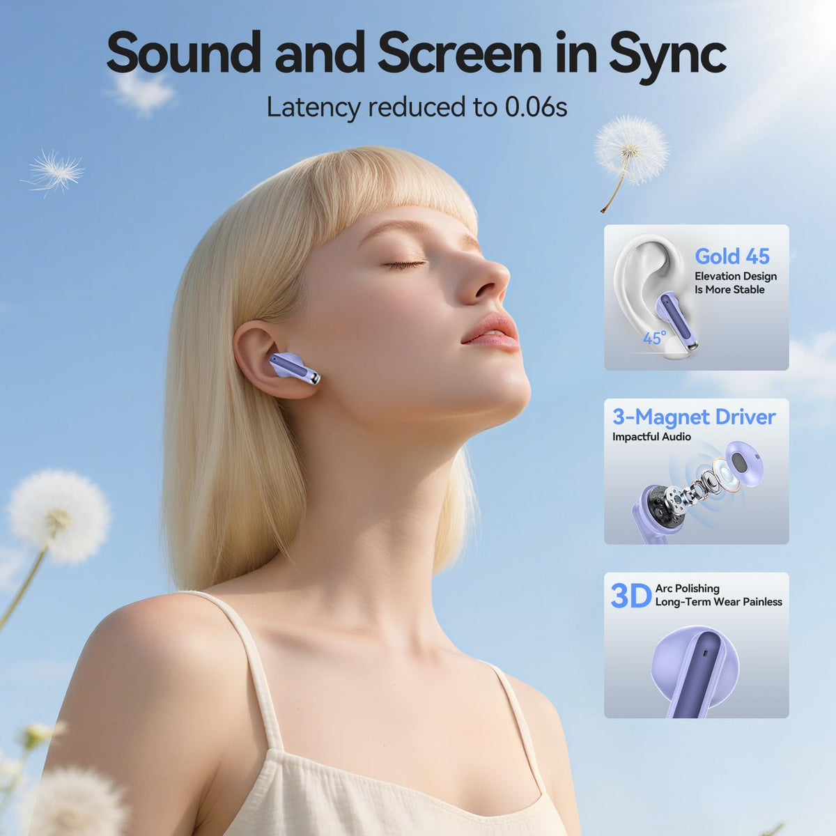 Bluetooth 5.4 Wireless Earbuds with ENC Mics, Purple