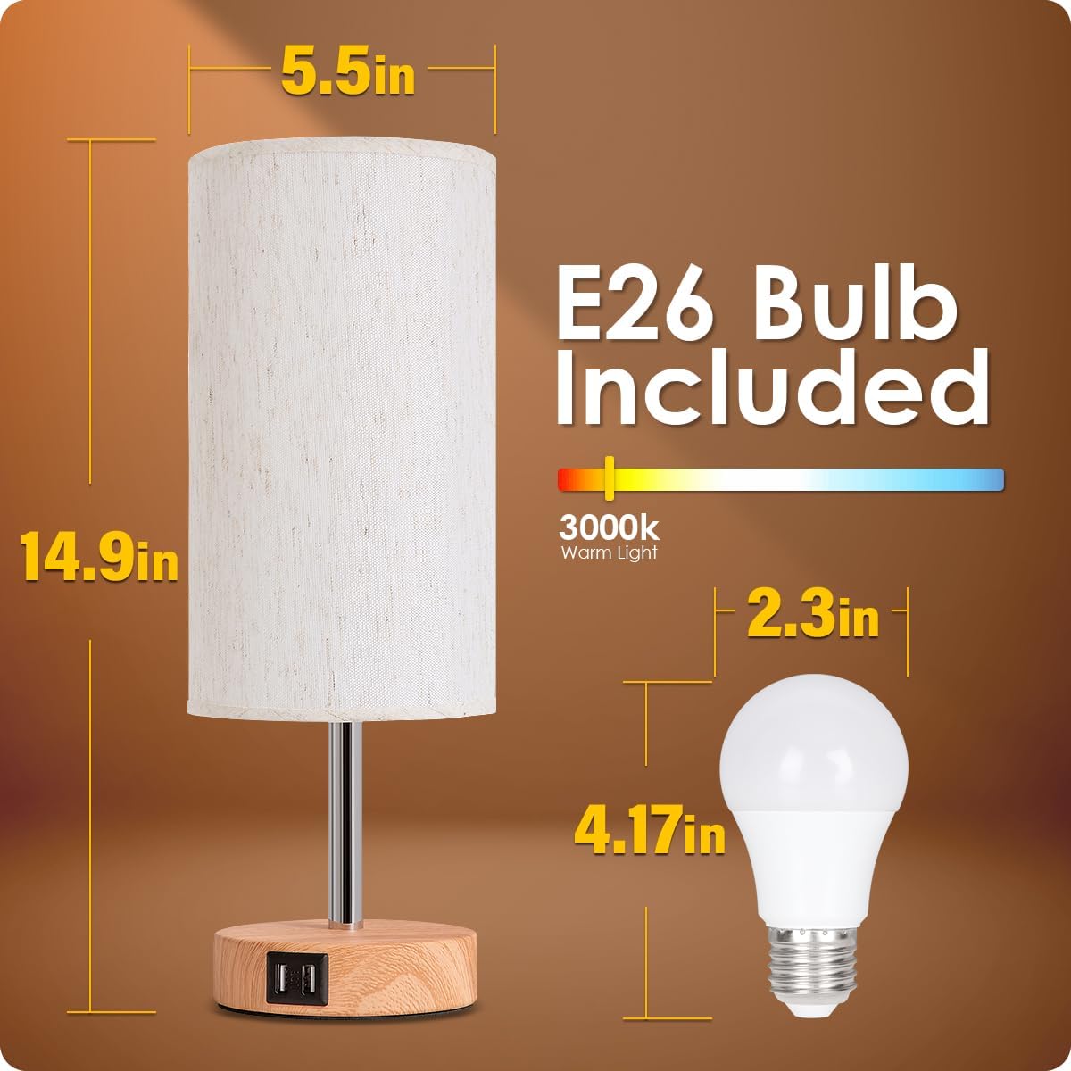 Yarra-Decor Touch Control Wood Bedside Lamp with USB Port