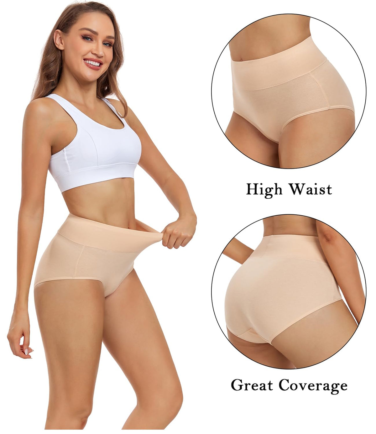 Wirarpa Women's High Waisted Cotton Briefs, 5 Pack, Beige, Large