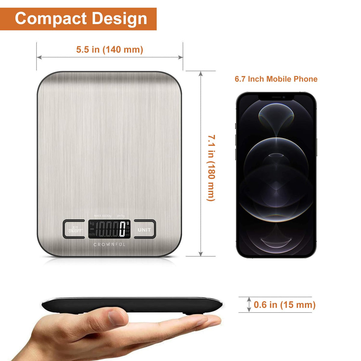 CROWNFUL Digital Kitchen Scale, 5 kg, Silver