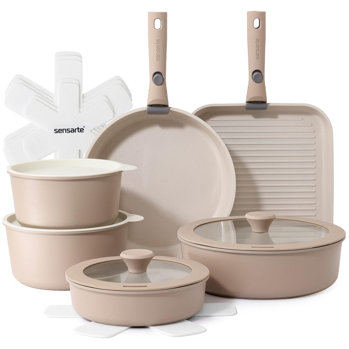 Sensarte 17 Piece Ceramic Cookware Set, Almond Beige
