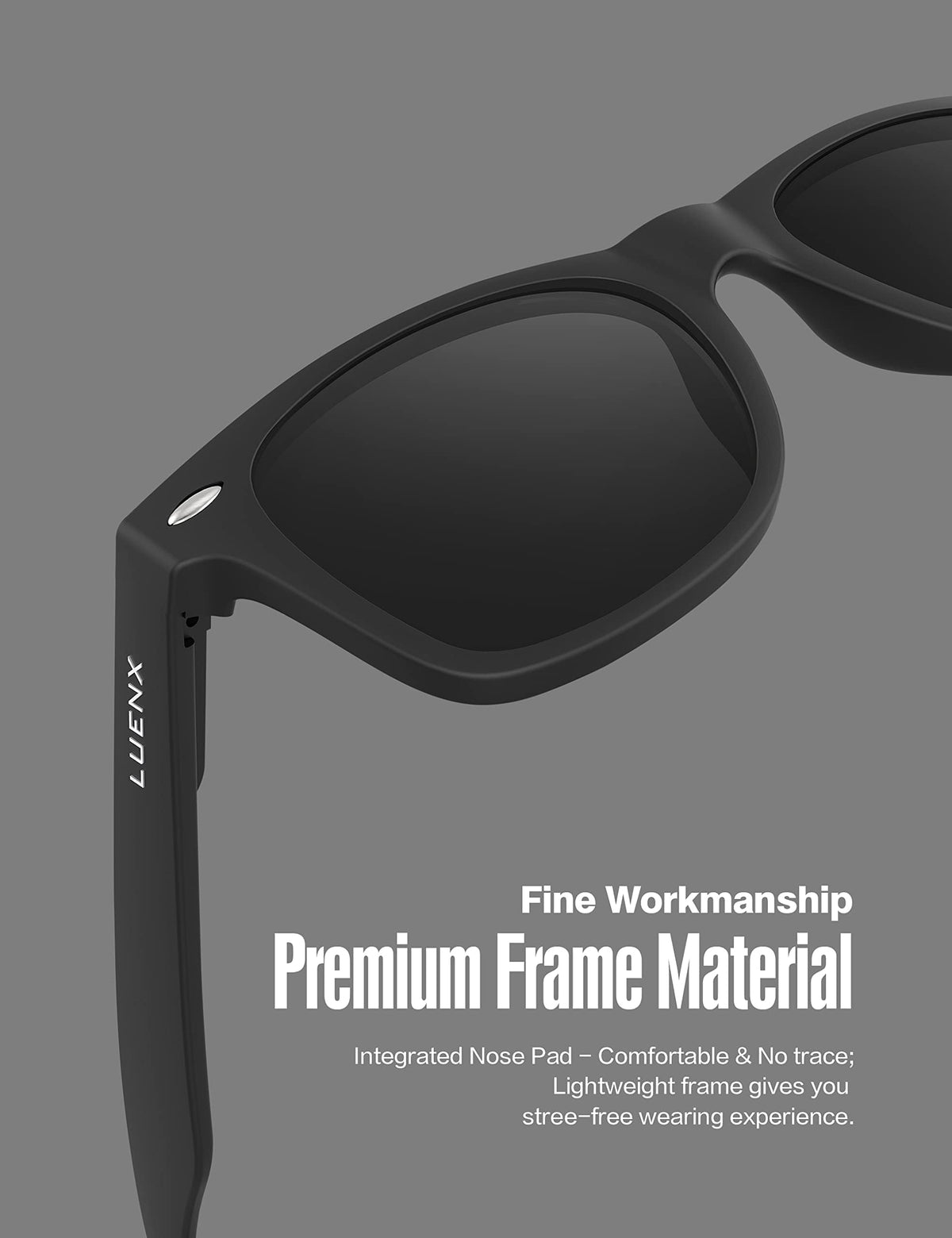 LUENX Square Polarized Sunglasses, Matte Black, 54 mm