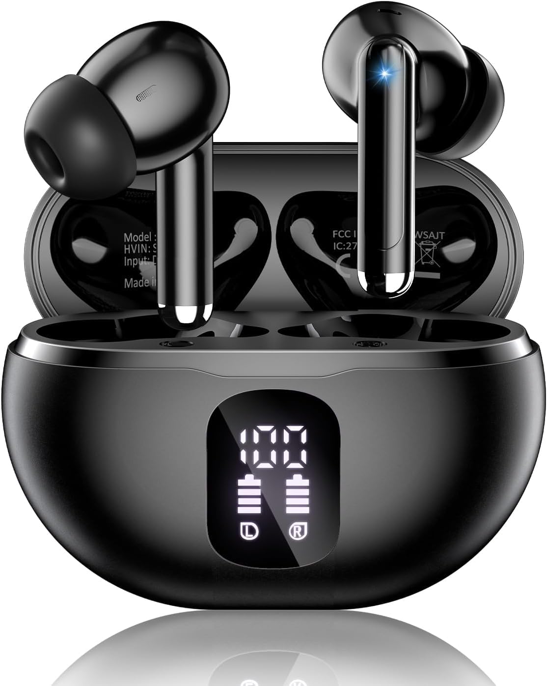 Bluetooth 5.4 Wireless Earbuds with LED Display, Carbon Black