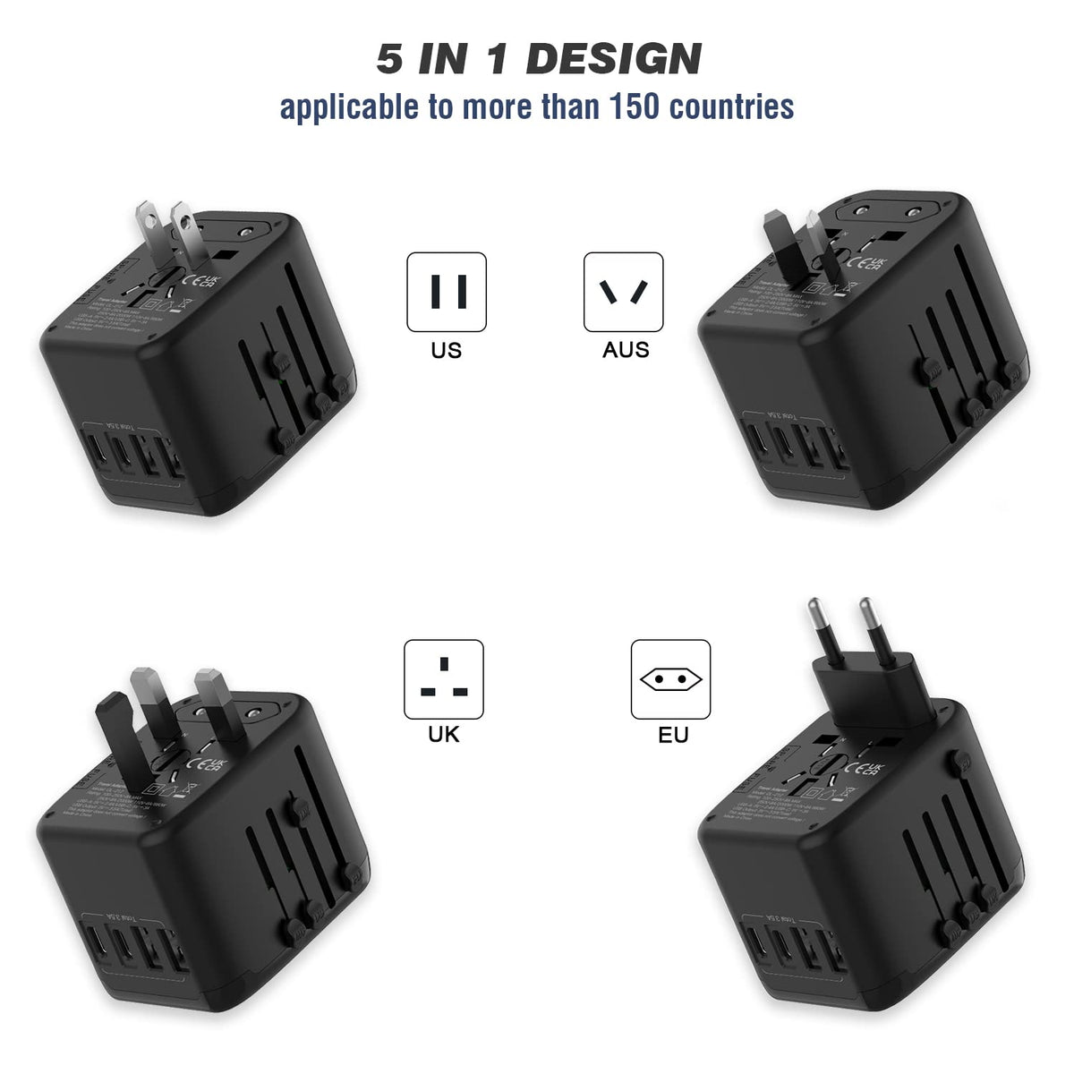 RXSQUL 5-in-1 Universal Travel Plug Adapter, 2 USB-A, 2 USB C, Black