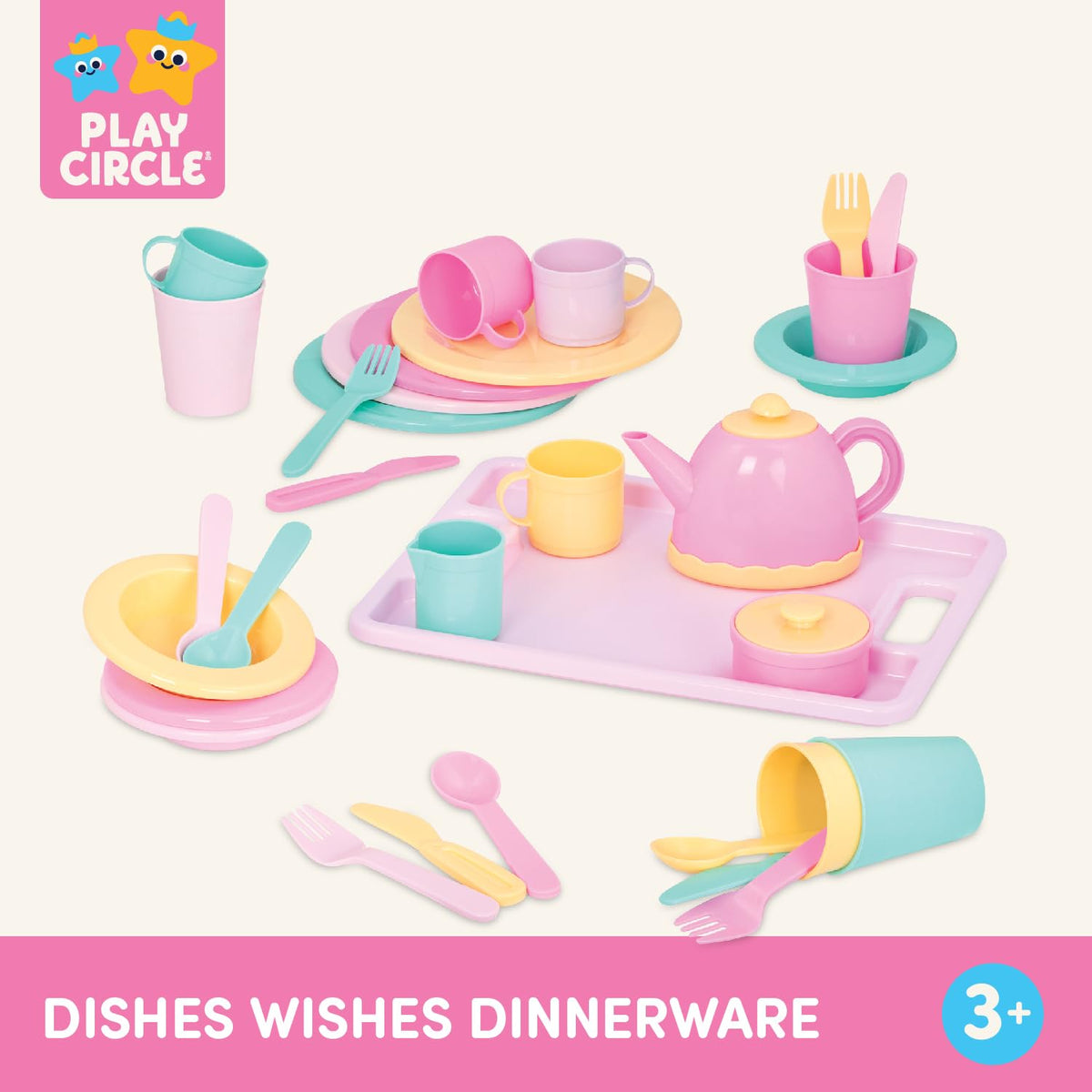 Battat Play Circle Dish Set, Dishes Wishes Dinnerware, 34 Pieces