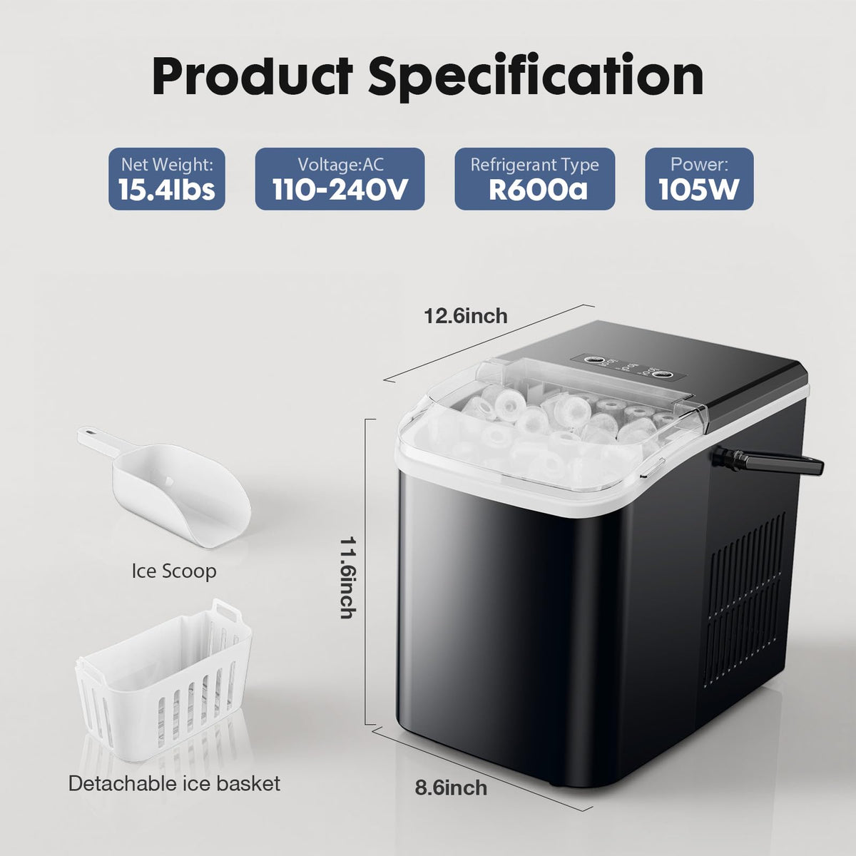 Sweetcrispy Quiet Countertop Ice Maker, 26 lbs per Day, Dark Black